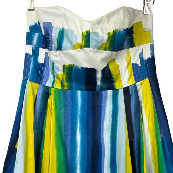 Calvin Klein Dress 10 Sleeveless Strapless Pleat Sundress White Blue Watercolor - Picture 3 of 6